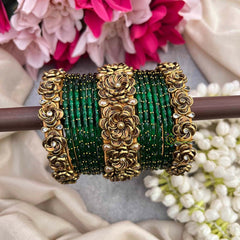 Vriksham Elegant Green & Golden Rose Style Glass Bangle Set-G21718