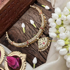 Vriksham Premium Pendant Short Neckpiece-Diamond Drops-White Red Green-G21159