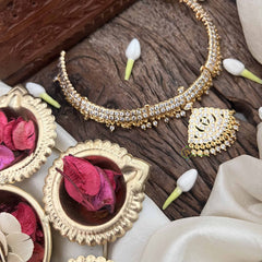 Vriksham Leaf Style Pendant Short Neckpiece-Diamond Drops-White-G21162