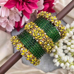 Vriksham Green & Lemon Yellow Floral Kada Style Glass Bangle Set-G21720