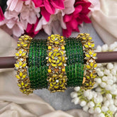 Vriksham Green & Lemon Yellow Floral Kada Style Glass Bangle Set-G21720