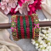 Vriksham Pink & Green With Floral Style Glass Bangle Set-G21723