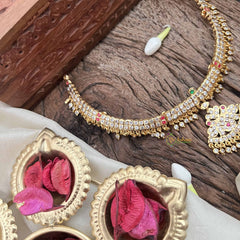 Vriksham Floral Pendant Short Neckpiece-Diamond Drops-White Red Green-G21158