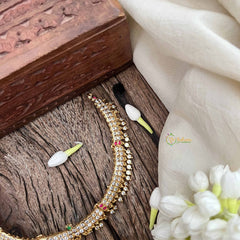 Vriksham Floral Pendant Short Neckpiece-Diamond Drops-White Red Green-G21158