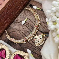 Vriksham Floral Pendant Short Neckpiece-Diamond Drops-White Red Green-G21158