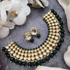 Vriksham Royal Kundan 3 Layered Round Choker With Green Beads & Jhumka Earrings NeckPiece-G20365