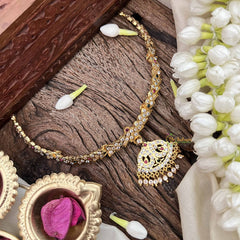 Vriksham Diya Pendant Short Neckpiece-Diamond Drops-White Red & Green-G21152