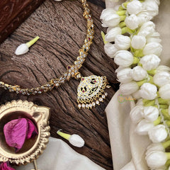 Vriksham Diya Pendant Short Neckpiece-Diamond Drops-White Red & Green-G21152