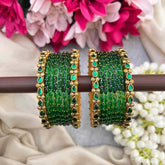 Vriksham Parrot Green Color With Pear Kundan Side Floral Kada Style Glass Bangle Set-G21727