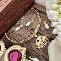 Vriksham Diya Pendant Short Neckpiece-Diamond Drops-White Red & Green-G21152