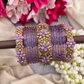 Vriksham Lavender With Kundan Side Floral Kada Style Glass Bangle Set-G21724