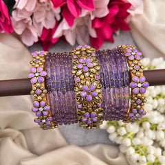 Vriksham Lavender With Kundan Side Floral Kada Style Glass Bangle Set-G21724