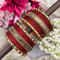 Vriksham Red Color With Square Kundan Side Kada Style Glass Bangle Set-G21728
