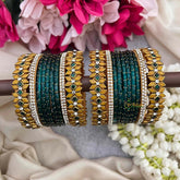 Vriksham Deep Green Glass Bangle Stack with Mustard Enamel Kadas Style Glass Bangle Set-G21735