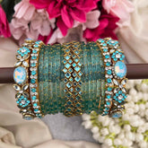 Vriksham Sky Color With Aqua Sky Kundan Side Floral Kada Style Glass Bangle Set-G21725