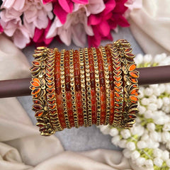 Vriksham Orange Color With Orange Lotus Kundan Side Kada Style Glass Bangle Set-G21729