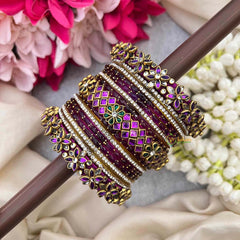Vriksham Deep Plum & Emerald Green Floral Kundan Side Kada Style Glass Bangle Set-G21731