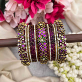 Vriksham Deep Plum & Emerald Green Floral Kundan Side Kada Style Glass Bangle Set-G21731