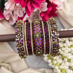 Vriksham Deep Plum & Emerald Green Floral Kundan Side Kada Style Glass Bangle Set-G21731