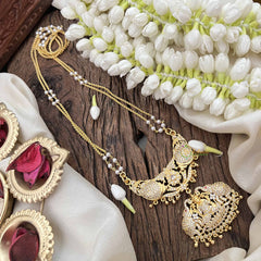 Vriksham Gaj Lakshmi Style AD Stone Double Pendant 2 Layer Pearl With Gold Plated Mala-White-G21167