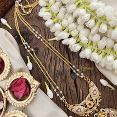 Vriksham Gaj Lakshmi Style AD Stone Double Pendant 2 Layer Pearl With Gold Plated Mala-Red White-G21165