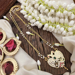 Vriksham Dual Peacock Style Pendant 2 Layer Pearl With Gold Plated Mala-White Red & Green-G21183