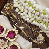 Vriksham Lotus Style Pendant 2 Layer Pearl With Gold Plated Mala-Diamond Drop-White Red & Green-G21168