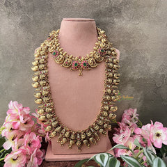 Vriksham Kundan Manga Lakshmi 1 gm gold Temple Bridal Set-Red White & Green-Gold Bead-G18822