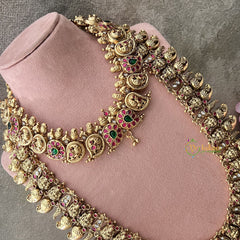 Vriksham Kundan Manga Lakshmi 1 gm gold Temple Bridal Set-Red White & Green-Gold Bead-G18822