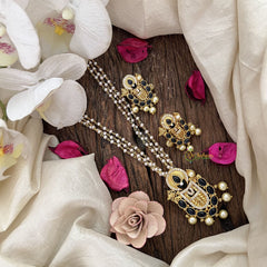 Vriksham Divine Balaji Black Stone & 3 Layer Pearl Pendant Chain Neckpiece-G19616