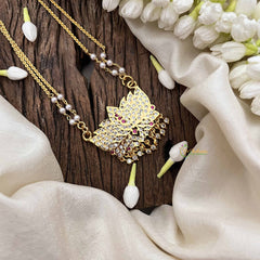 Vriksham Lotus Style Pendant 2 Layer Pearl With Gold Plated Mala-Diamond Drop-White Red-G21169