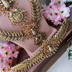 Vriksham Unique Peacock Floral 1 gm gold Temple Bridal Set-Red Green-Gold Bead-G18823