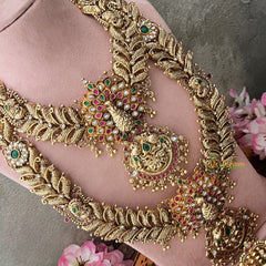 Vriksham Unique Peacock Floral 1 gm gold Temple Bridal Set-Red Green-Gold Bead-G18823