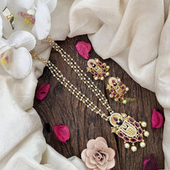 Vriksham Divine Balaji Red Stone & 3 Layer Pearl Pendant Chain Neckpiece-G19617