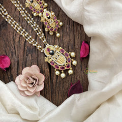 Vriksham Divine Balaji Red Stone & 3 Layer Pearl Pendant Chain Neckpiece-G19617