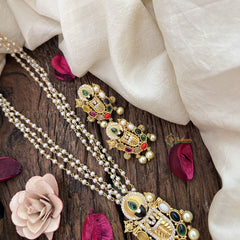 Vriksham Balaji Navratna Pendant Temple Jewelry With 3 Layer Pearl Chain Pendant Chain Neckpiece-G19618