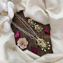 Vriksham Divine Balaji Green Stone With 3 Layer Pearl Chain Pendant Chain Neckpiece-G19619