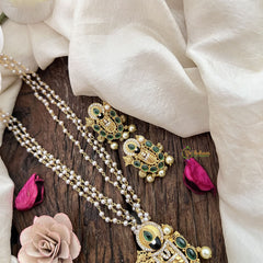 Vriksham Divine Balaji Green Stone With 3 Layer Pearl Chain Pendant Chain Neckpiece-G19619