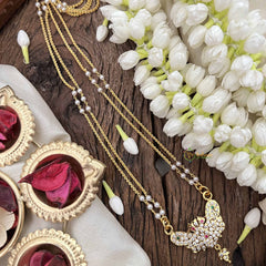 Vriksham Butterfly Style Pendant 2 Layer Pearl With Gold Plated Mala-White Red & Green-G21182