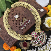 Vriksham Maanga Floral Coin Kudan Jadau Neckpiece-Red White-Pearl-J3313