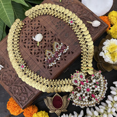 Vriksham Maanga Floral Coin Kudan Jadau Neckpiece-Red White-Pearl-J3313