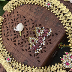 Vriksham Maanga Floral Coin Kudan Jadau Neckpiece-Red White-Pearl-J3313