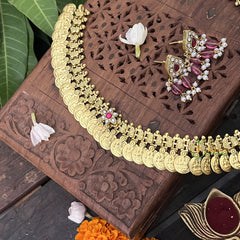 Vriksham Maanga Floral Coin Kudan Jadau Neckpiece-Red White-Pearl-J3313