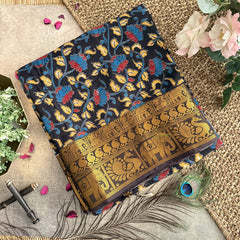 Vriksham Black Kalamkari Saree With Kanchi Border-VS4390