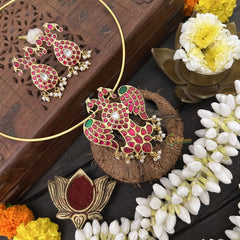 Vriksham Pendant Dual Peacock Kudan Jadau Hasli Choker-Red Green-J3316