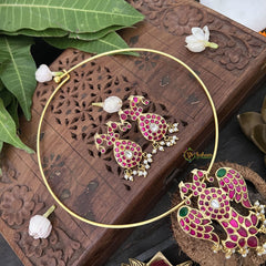 Vriksham Pendant Dual Peacock Kudan Jadau Hasli Choker-Red Green-J3316