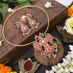 Vriksham Pendant Dual Peacock Kudan Jadau Hasli Choker-Red Green-J3316