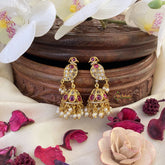 Vriksham Gold Look Alike AD Stone Jhumka-Parrot-Red White-Gold Bead-G16625