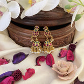 Vriksham Gold Look Alike AD Stone Jhumka-Parrot-Red Green-Gold Bead-G16624