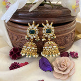 Vriksham Emerald Green Kundan Stone Jhumka-White Green Pearls-G16626